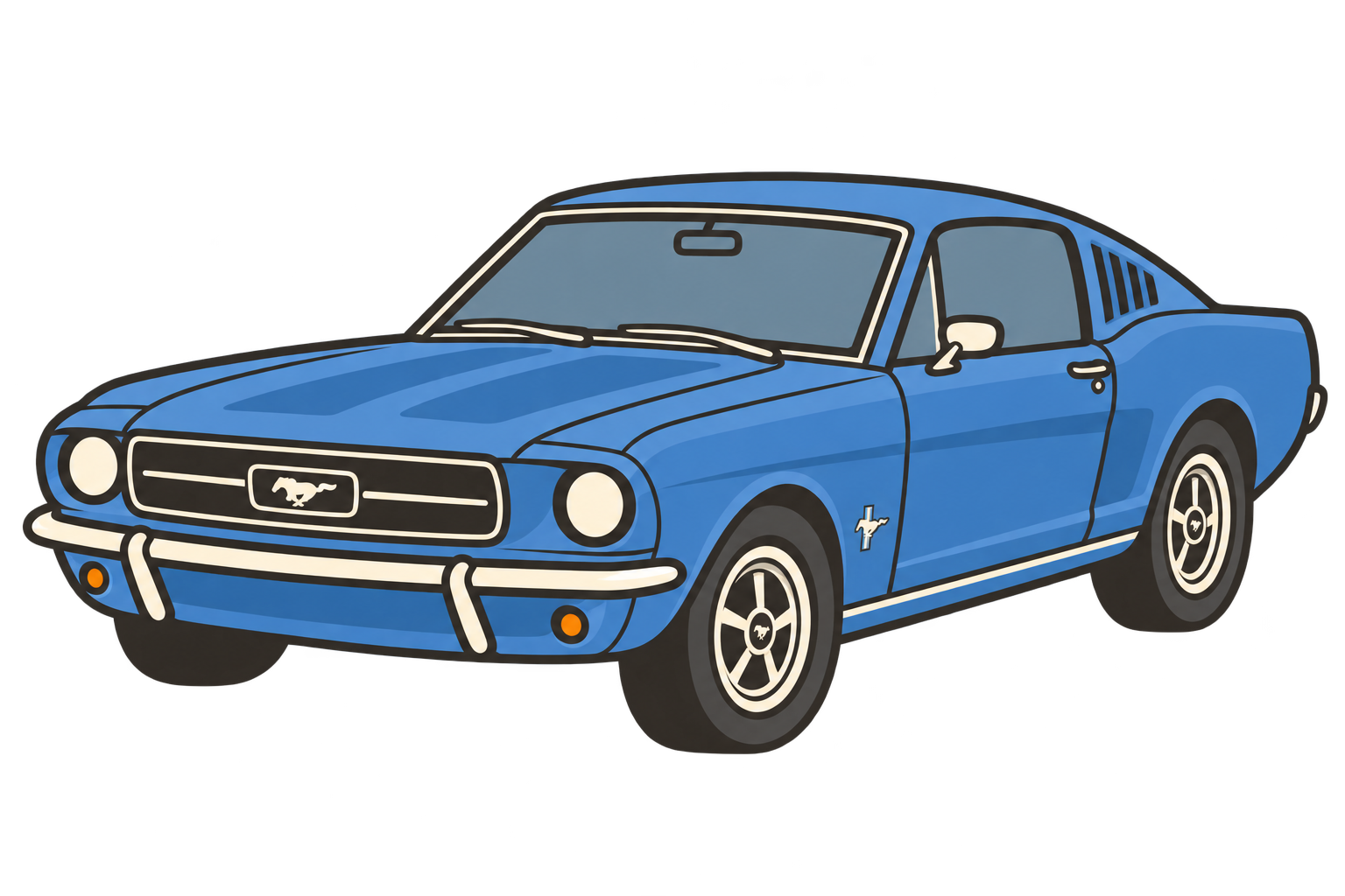 Illustration of a blue 1960s Ford Mustang fastback